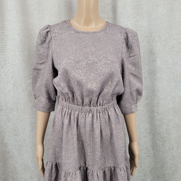Current Air Taupe Floral Jacquard Puffed Sleeve Teired Midi Dress Back Cutout - Picture 3 of 10